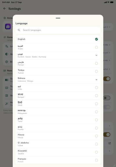 The language list on iPad