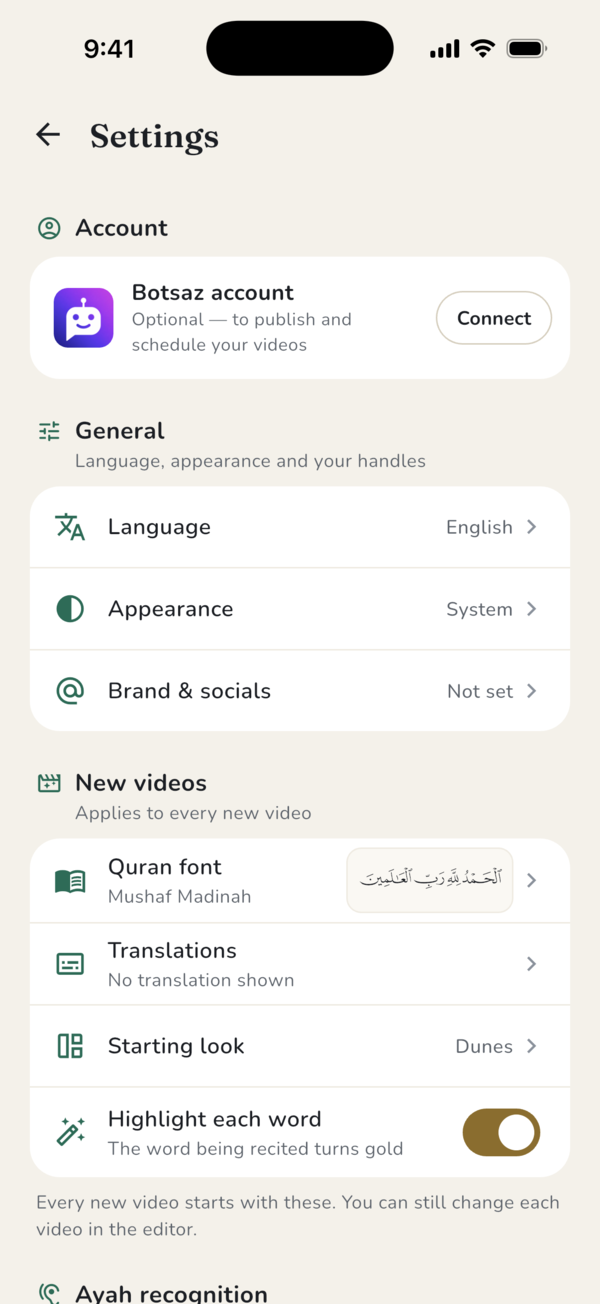 Settings screen