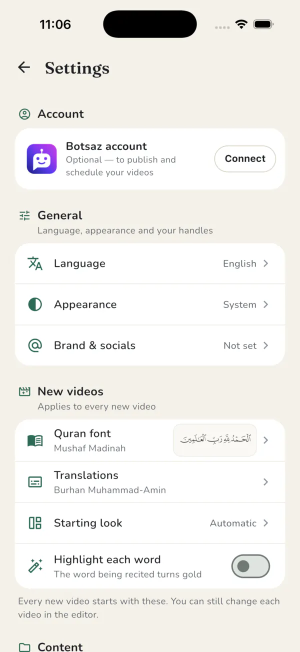 Settings screen